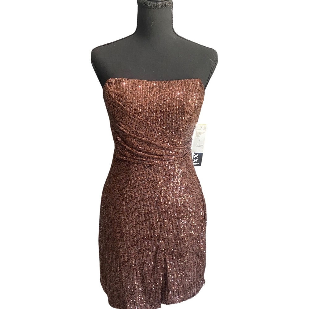 Trixxi Bronze Sequin Strapless Ruched Mini Dress NWT‎ Size 9 Party Cocktail